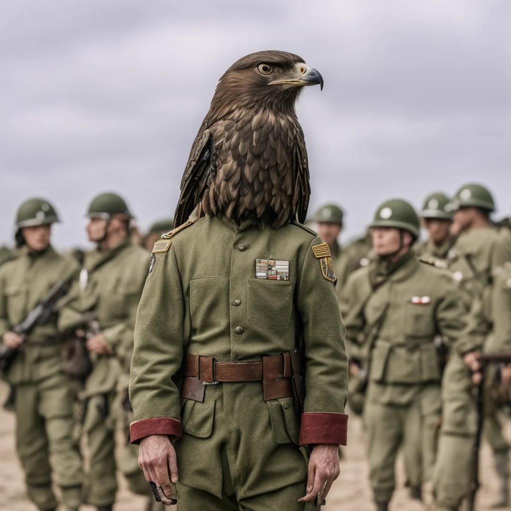 a hawk wearing military uniform inspects his troops before a battle ww2 style clothing
