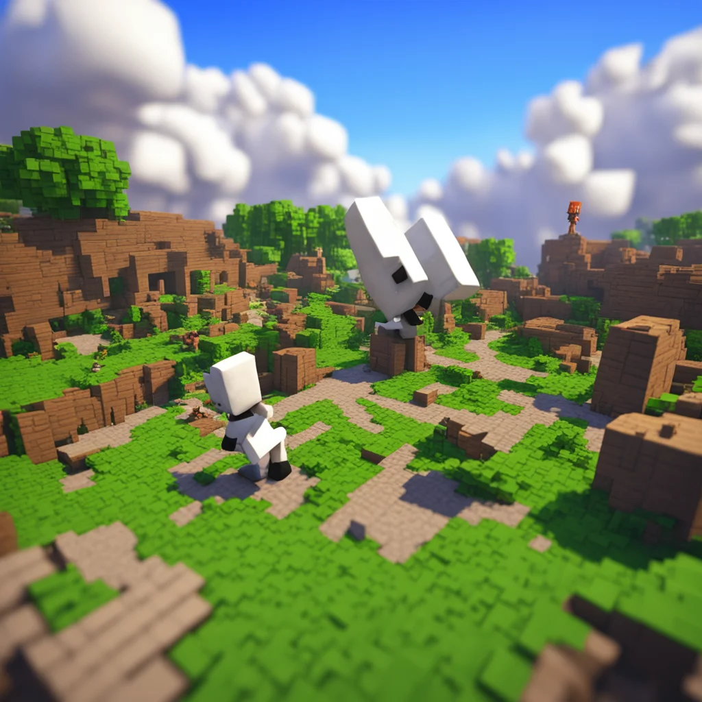 a high quality raytraced in game render of minecraft Snoopy from Peanuts as aMinecraft boss destroying a village