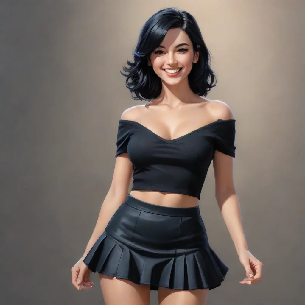 a highly detailed illustration of black haired lady wearing black mini skirt, full body shot, dramatic smile pose, intricate, elegant, highly detailed, centered, digital painting, artstation, concept art, smooth, sharp focus. surreal
