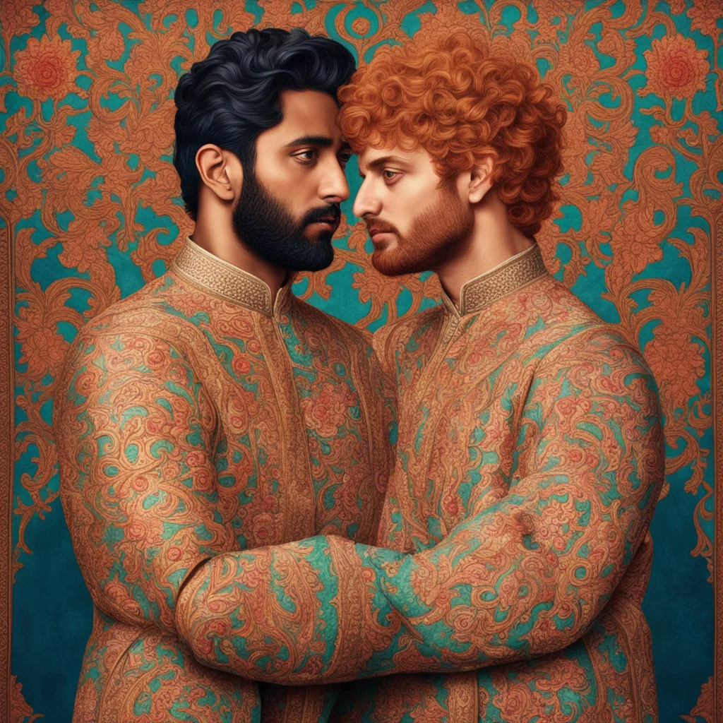 a highly detailed portrait of Abhishek Bachchan and Ed Sheeran standing in embrace in the style of mughal art —aspect 34