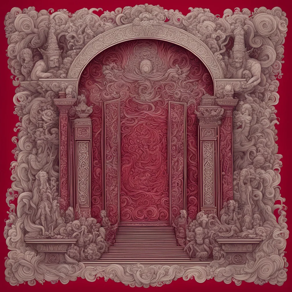 a highly intricate and elaborate dark red ink illustration on a dark red paper infinite majestic balinese shaman shrine 