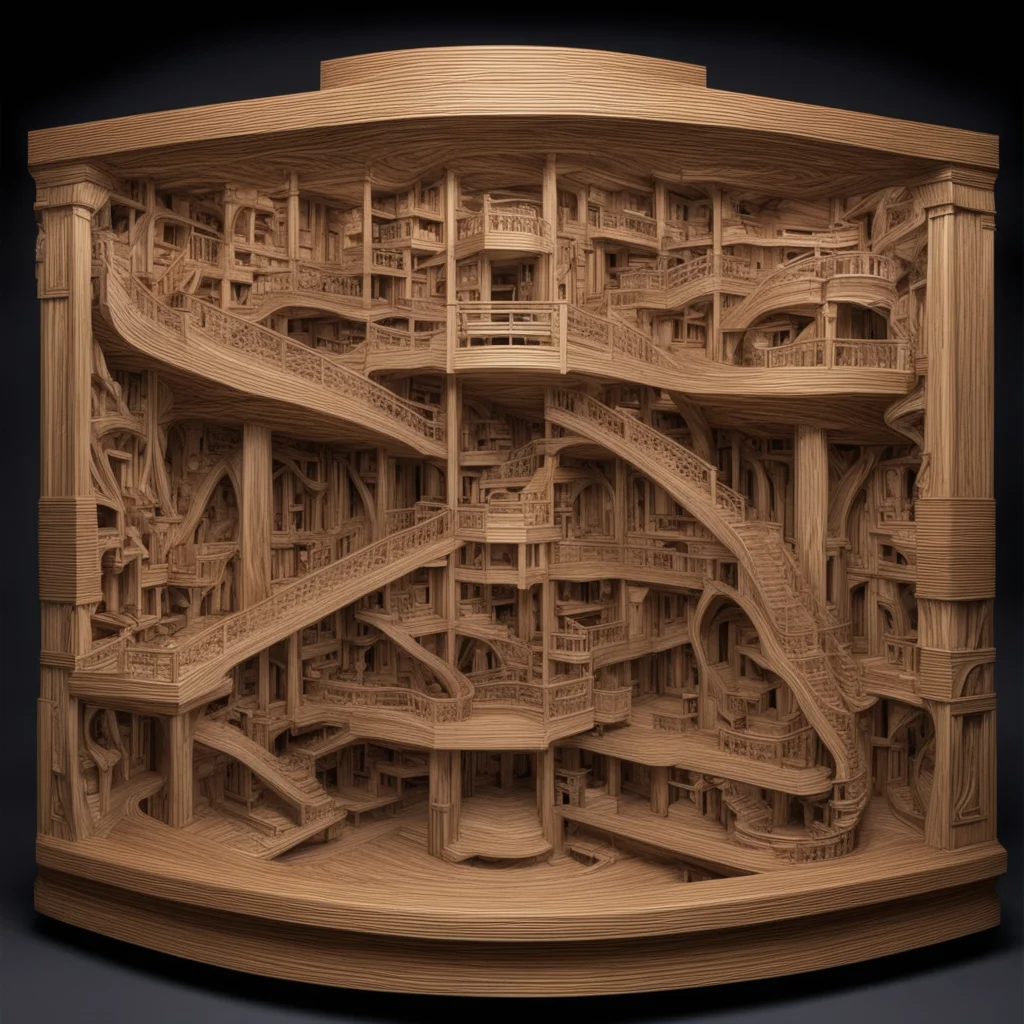 a highly polished4d wooden sculpture museum quality light and dark wood symmetricalintricatein the style of mc escher oc