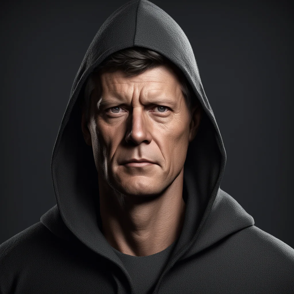 a hooded man John F Kennedy with a determined look on his face a slight smirk and a glint in his eye rangers apprentice 
