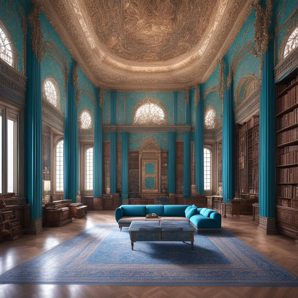 a huge muted blue library in a large indian palace living room  vray render hyperrealistic ar 169