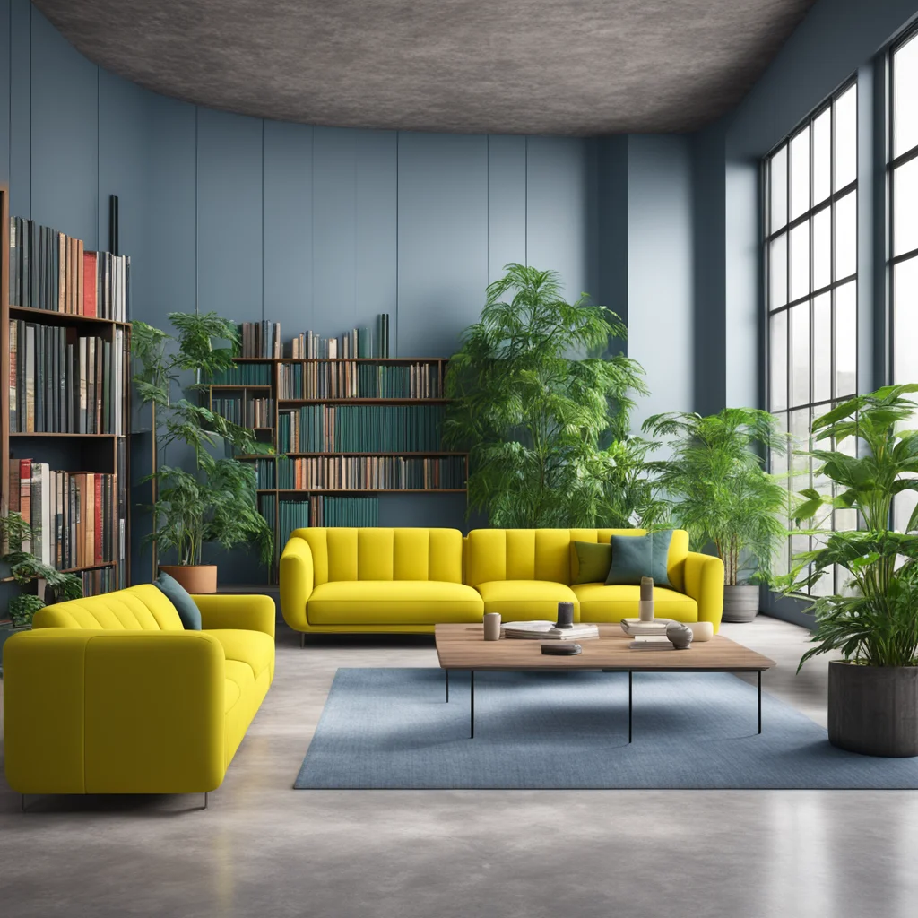 a huge muted blue library in a large industrial style living room with yellow sofa  green plants  vray render hyperreali