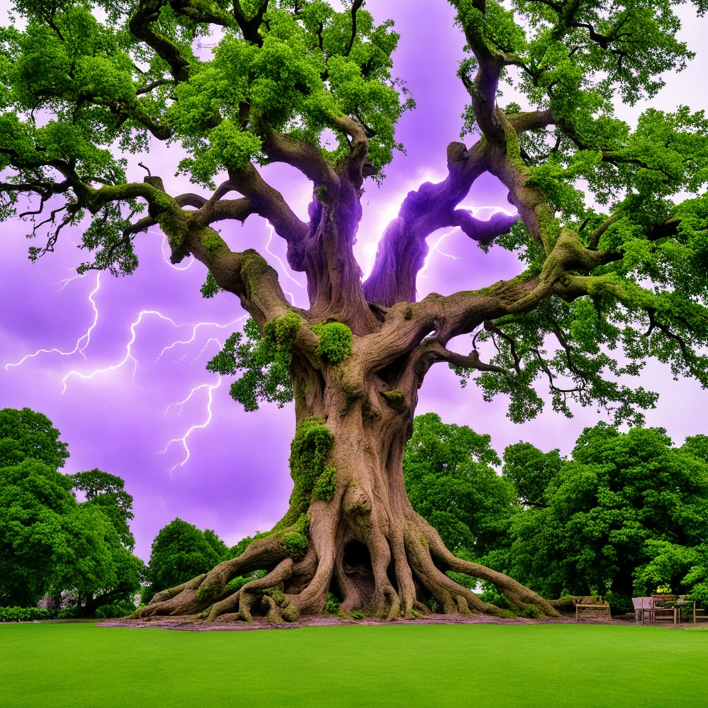 a huge oak tree being struck by lightning in an English garden