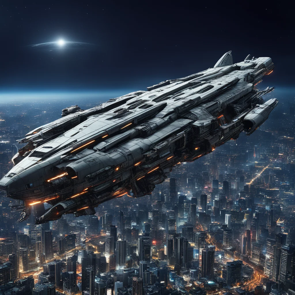 a huge sci fi space ship with detailed floating in the sky above Taipei City at Night  hyper realistic and detailed epic