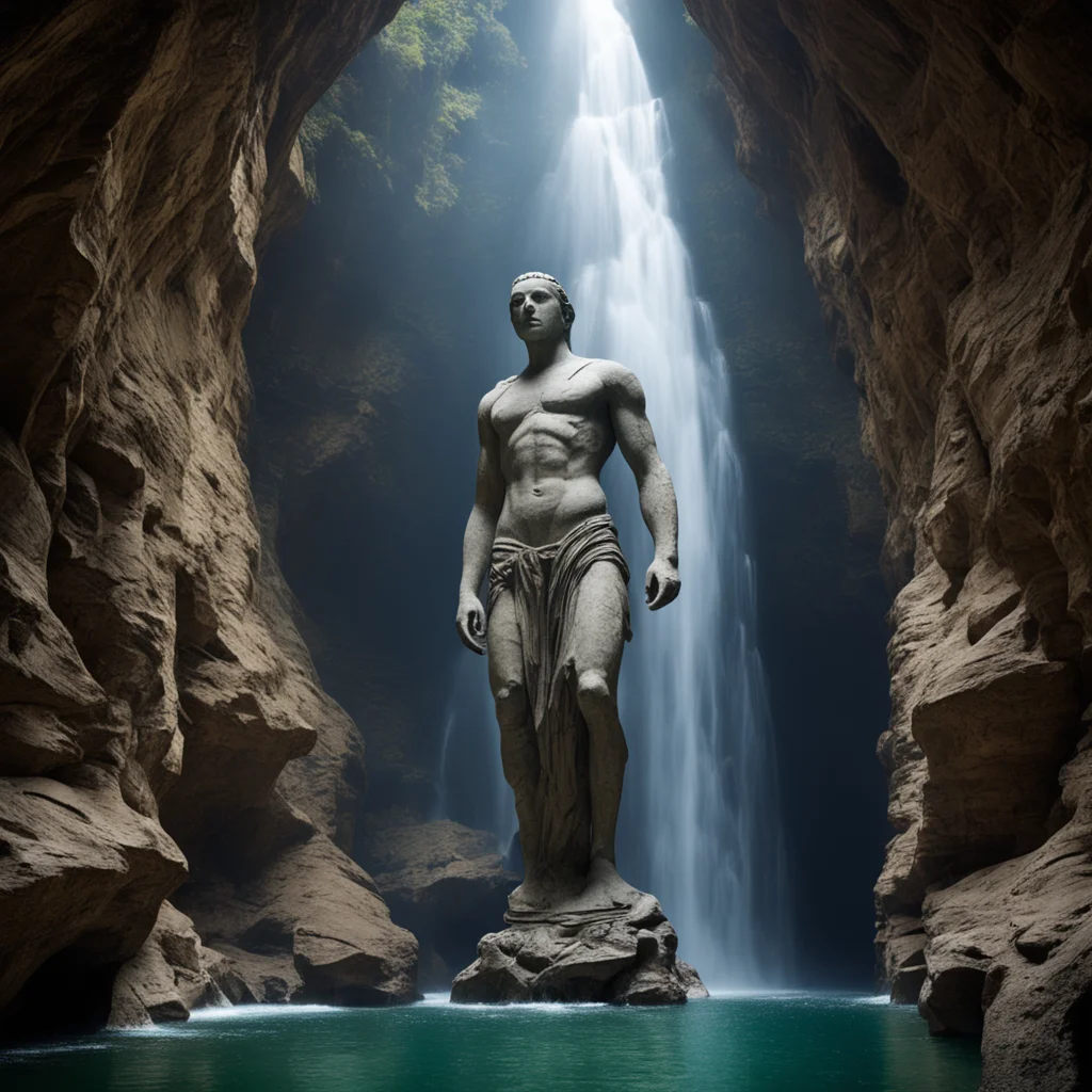 a huge stone statue inside a deep river chasm