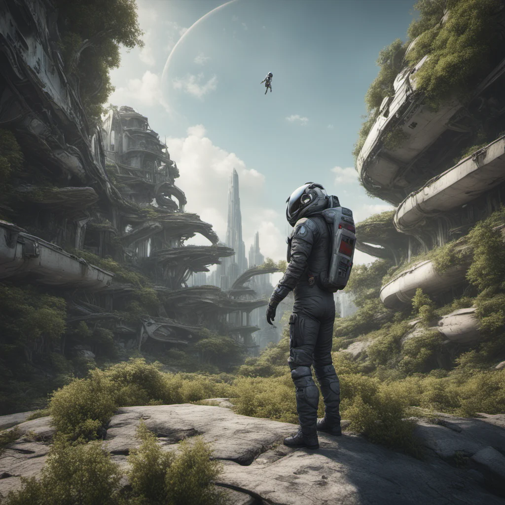a human male ina space suit no helmetstanding next to his space ship looking down at an abandoned alien City the city is overgrown with alien plants and da