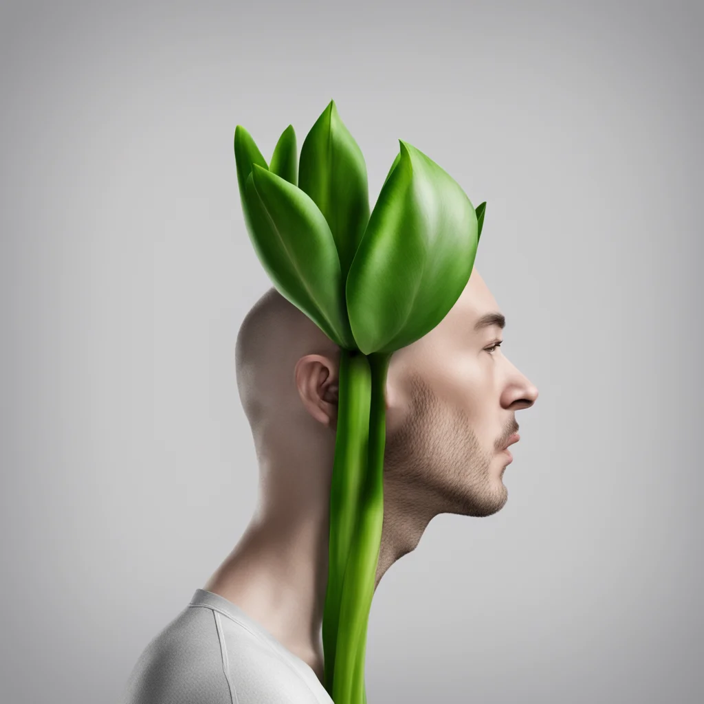 a human with a tulip growing out of his head photorealistic