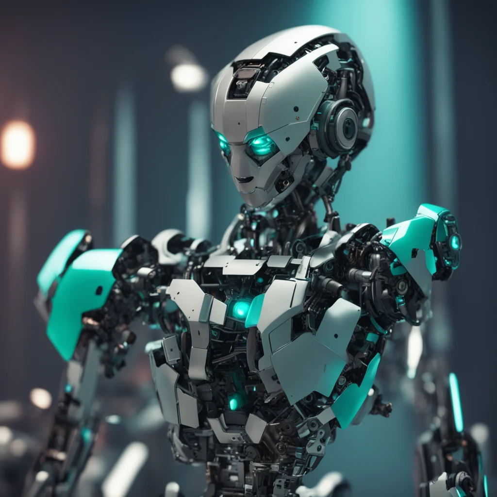 a humanoid broken robot with teal colored eyes holding broken robot pieces photorealistic 8k octane render cinematic lig