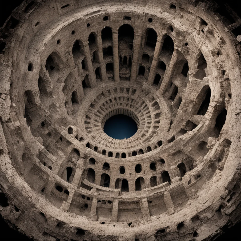 a hurricane black hole made of colosseum architecture ruins dante’s inferno