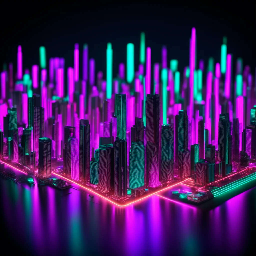 a hyper real extremely detailed model of a city built with neon lights on a table in a studio vray render studio lightin