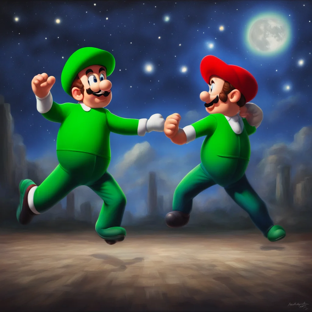 a hyper realistic oil painting of Mario and Luigi dancing in the moonlihght