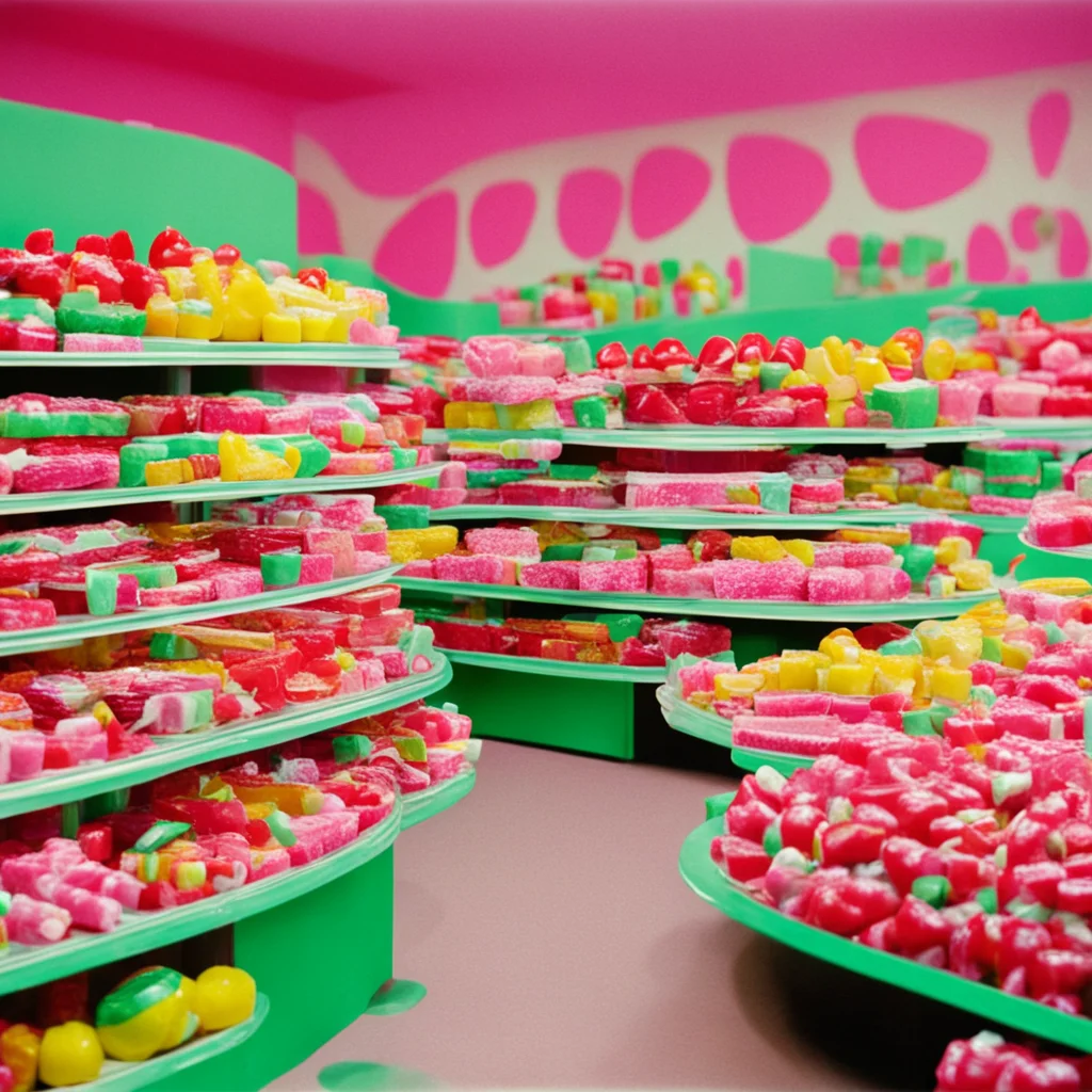 a interior photo of a candy shop 1950s colorful