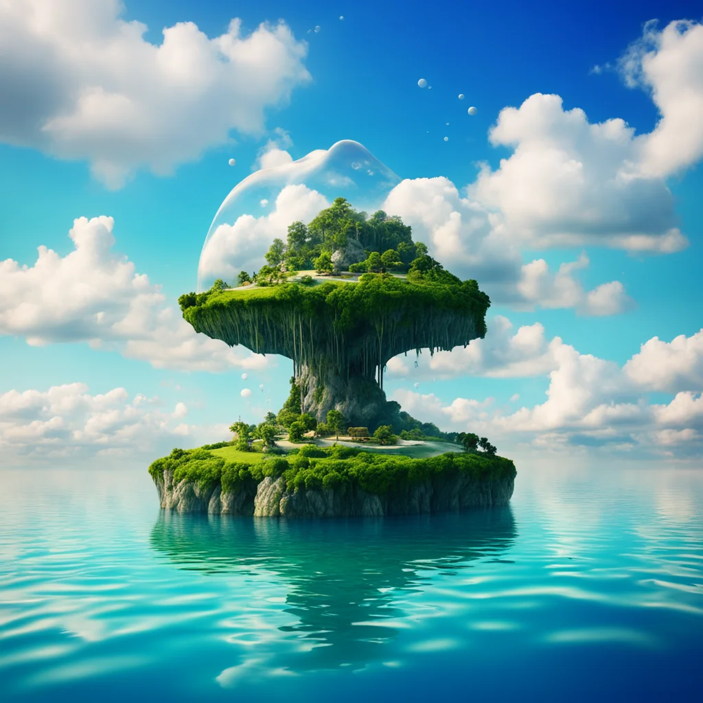 a islandmade from water in sky fantasy cloud and dream bubble
