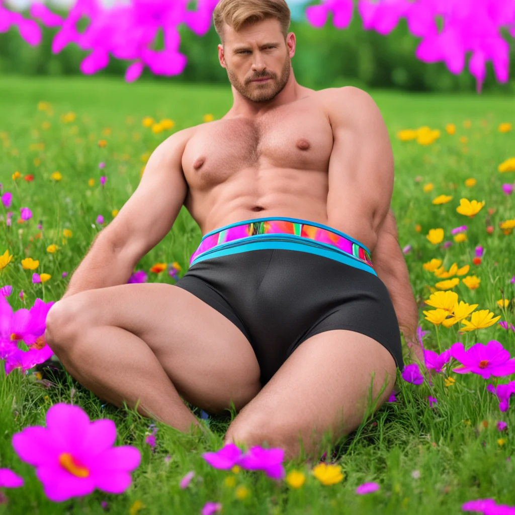 a jockstrap laying on stomach incolorful meadow tom of finland style