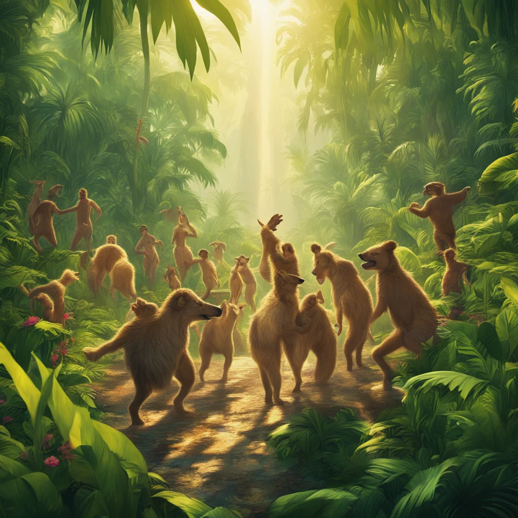 a jungle rave with dancing animals and humans golden light dense ar 45