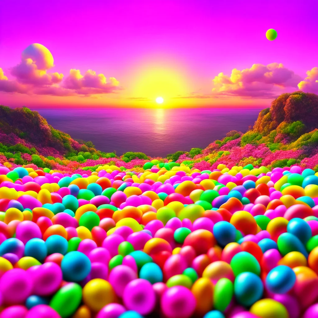 a landscape made of colorfull candy at sunset photorealistic