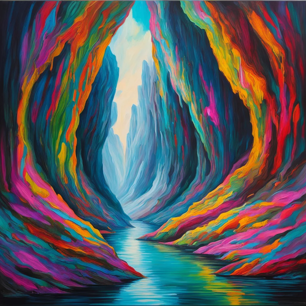 a large cave in the bottom of a mountain next to a river acrylic painting abstract large strokes multicolor highly detai
