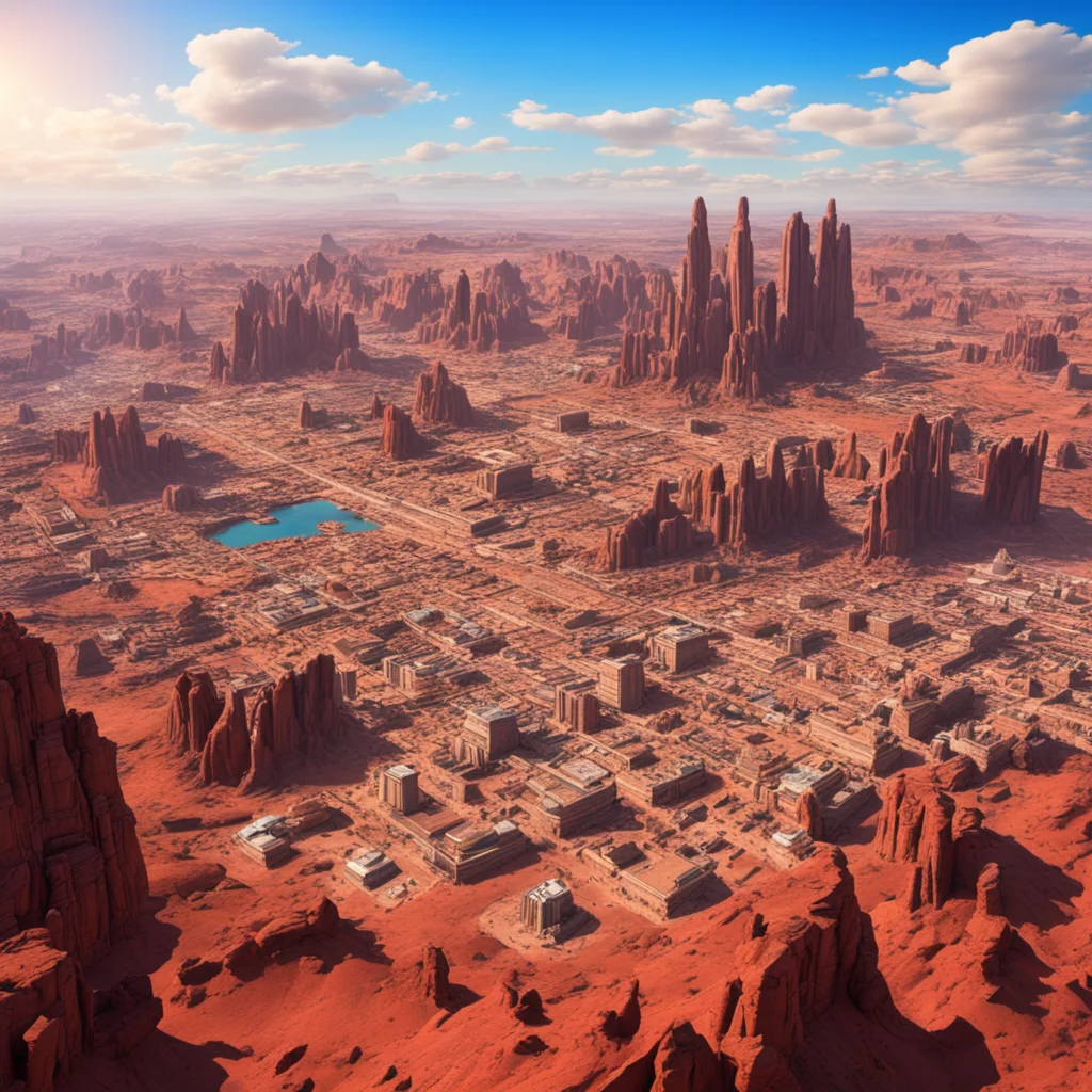 a large city in the desert surrounded by red rocks blue skies wide angle hyper detailed