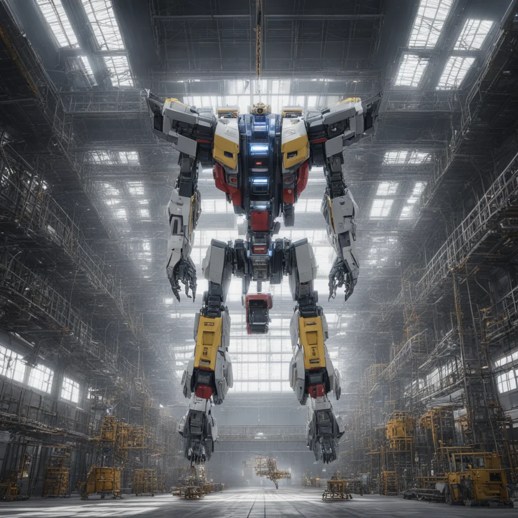 a large gundam mecha being carried by chains and pulleys hanging from the ceiling of a multi level manufacturing hangar 