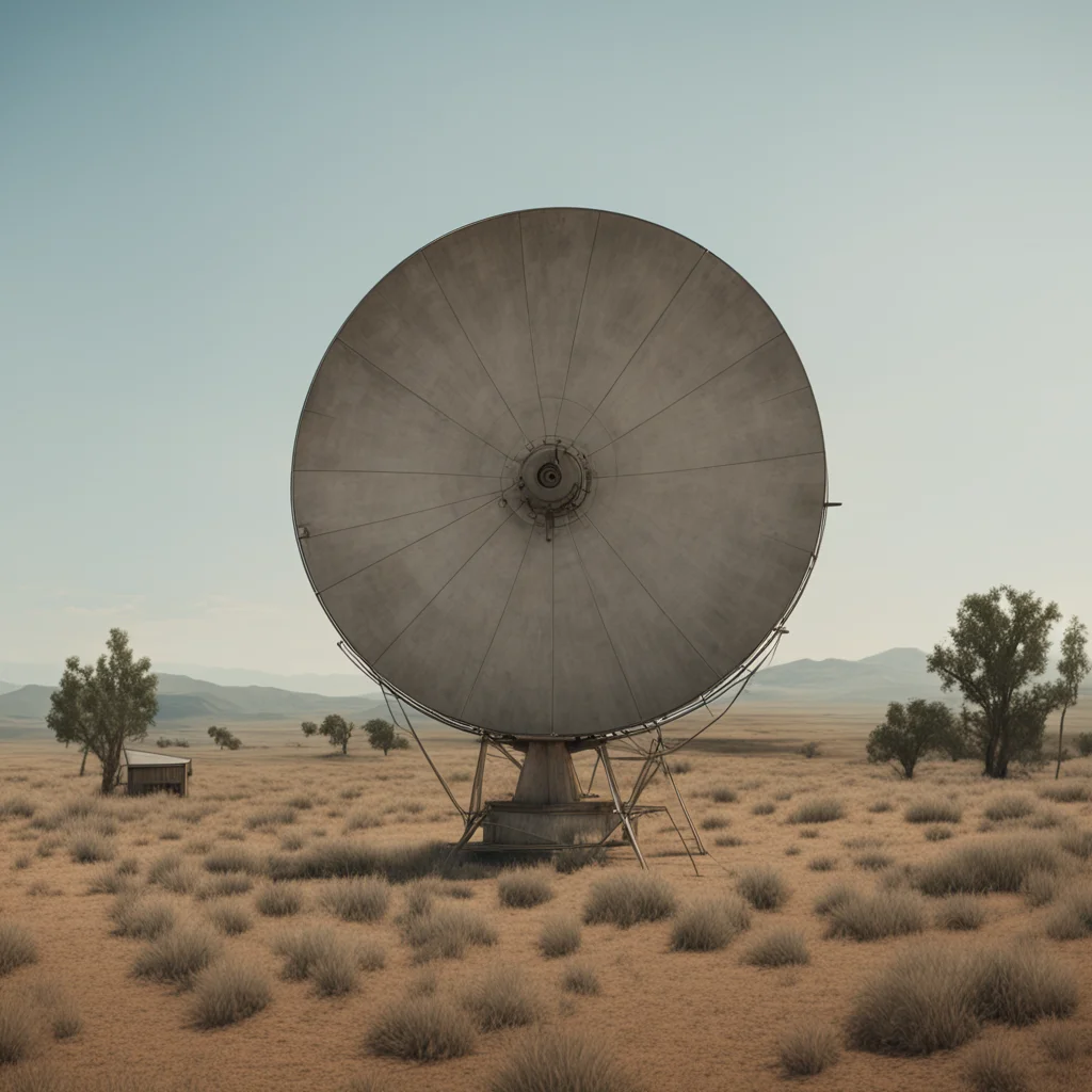 a large satellite dish sits on a ranch dusty summer cinematic ultra realism high detail —ar 219