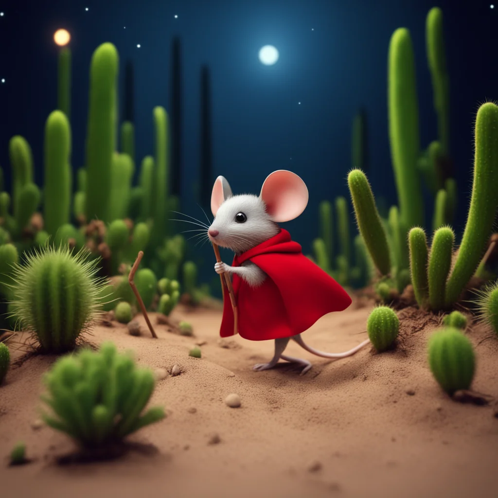 a little mouse with a red cape and a stick walking through a cactus forest at night stop motion wide shot sandy colors d