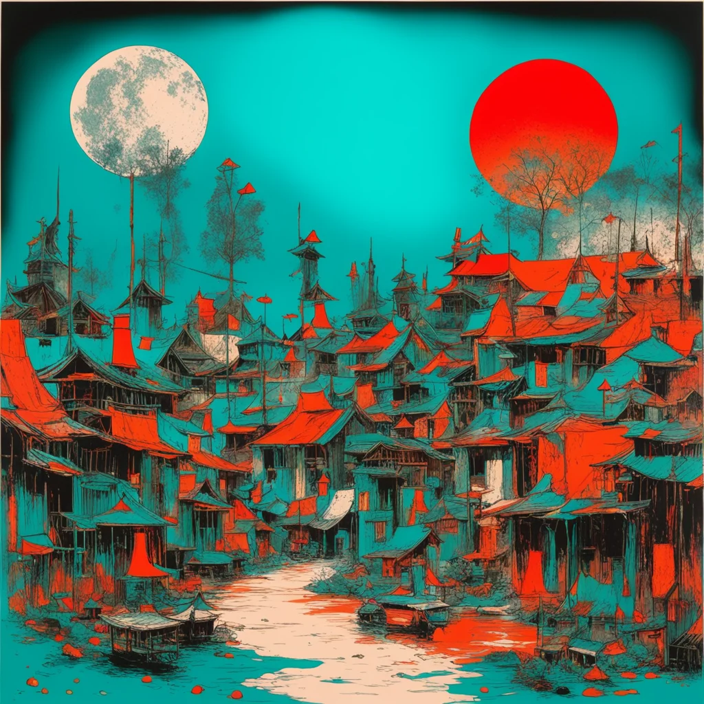 a little town in the last century in Indonesia by Ralph Steadman dark velvet teal and orange h 360