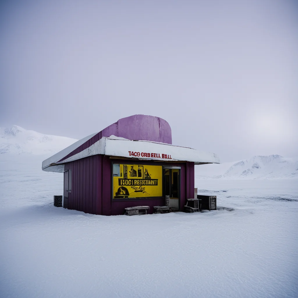 a lone Taco Bell restaurant in antartica 35mm photography with kollmorgen adaptor 365 mm f1 ar 915