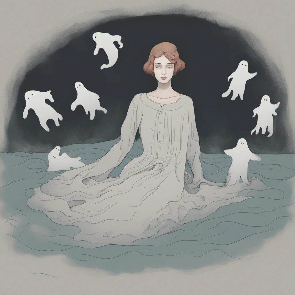 a long sad woman floating with ghosts w 1080 h 720