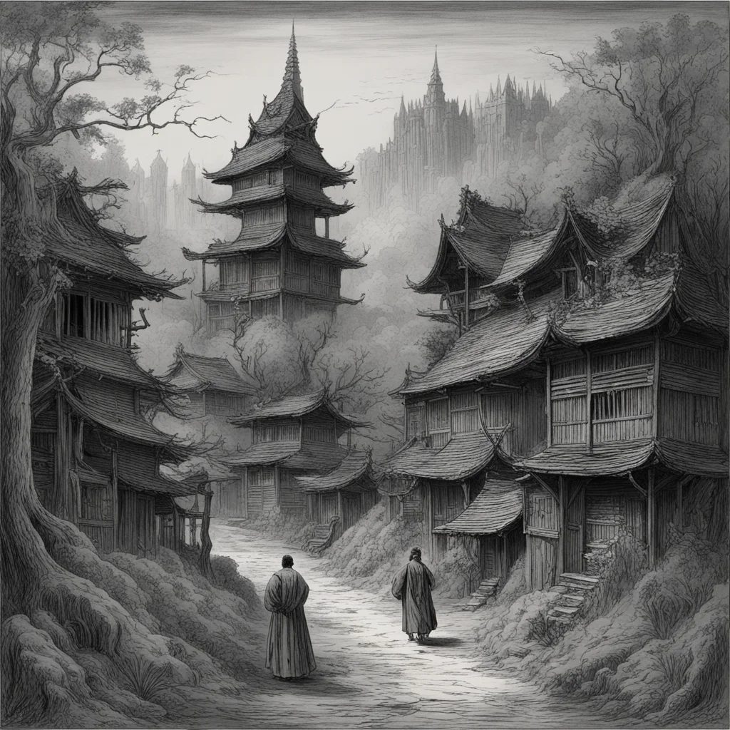 a lost royal Japanese village tucked away between the woods haunted the ghosts of its villagers Style of Gustave Doré  J