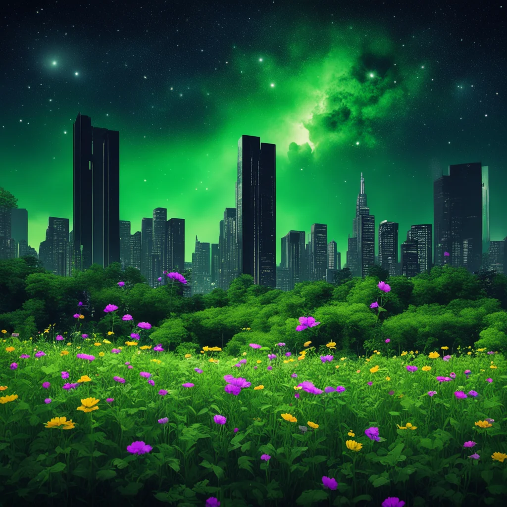 a lush green heaven with wild flowers with abstract and beautiful brutalist city ruins night sky stars float through the