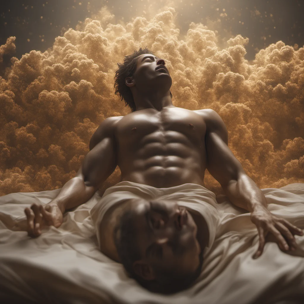 a man asleep his soul vibrating out of his body rising to the heavens golden mist Astral travel heavenly voyage of death unreal engine 5 renderedextrem