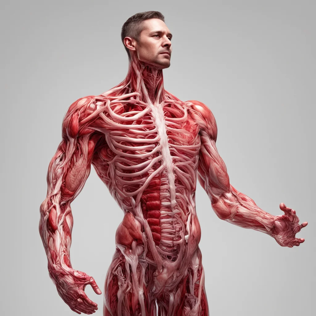 a man grown out of cellophane is filled with internalorgans   he holds himself aloft with one muscle bound arm   intricately detailed ar 58