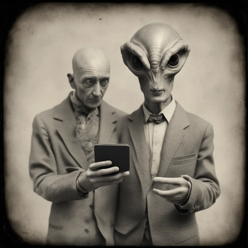 a man holding a smart phone with an alien coming out of it realistic high render no crop Tintype by Andel Adams 1800s ar