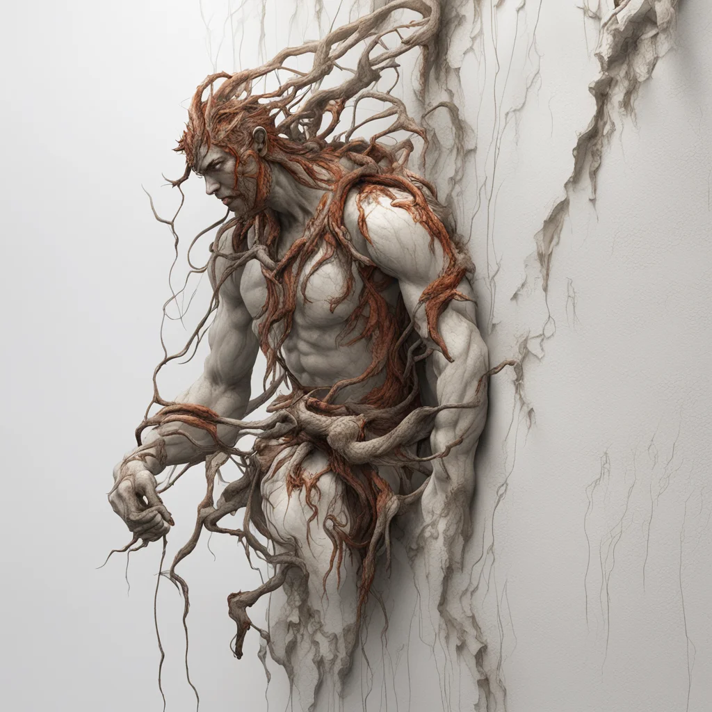 a man made of swirling concrete and rusted rebar climbing breaking through a solid white wall ethereal off white colors 