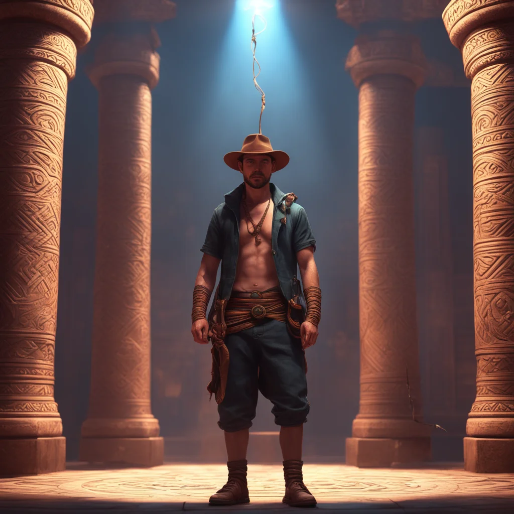 a man standing in a hero pose with a bullwhip wearing a fedora standing inside an aztec temple with a narrow beam of lig