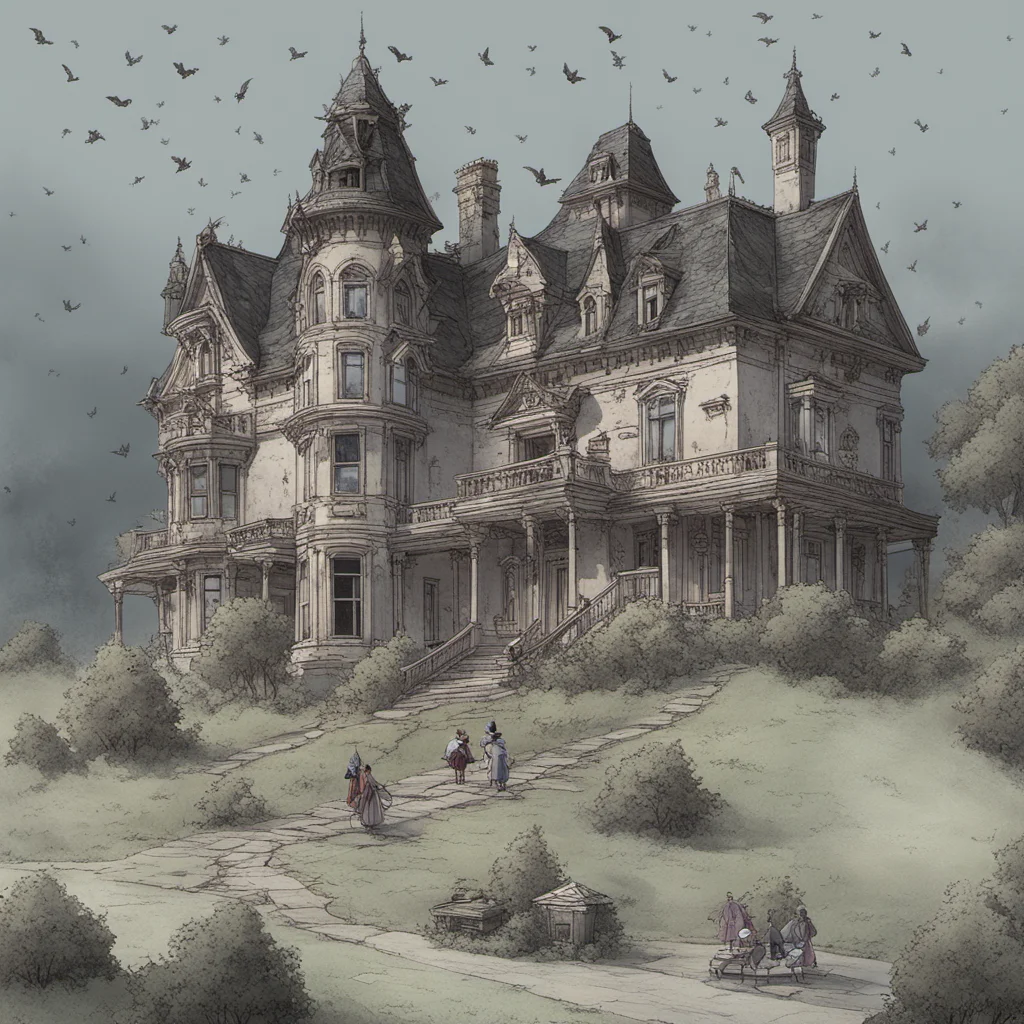 a mansion on a misty hilltop with homeless witches flying around