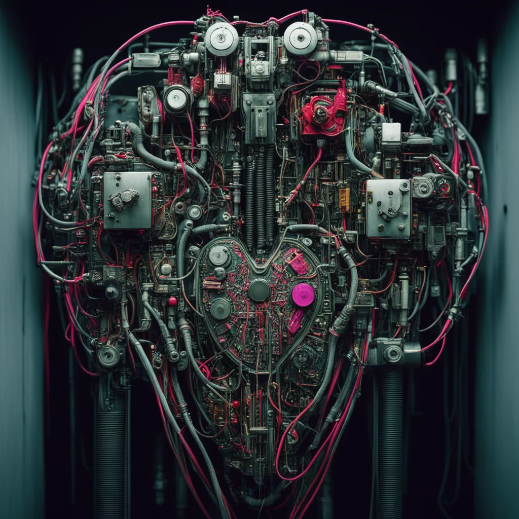 a mechanical heart with lots of cables and circuit boards inside a futuristic geisha in a liminal brutalist space detail