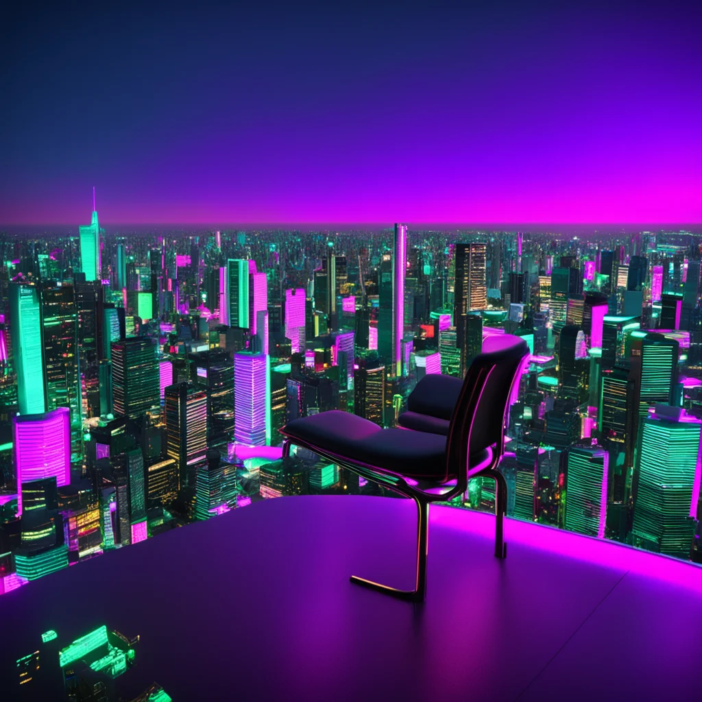 a metal chair at the top of a skyscrapper with a view over the city night neon tokyo colors 4k unreal engine megascans v