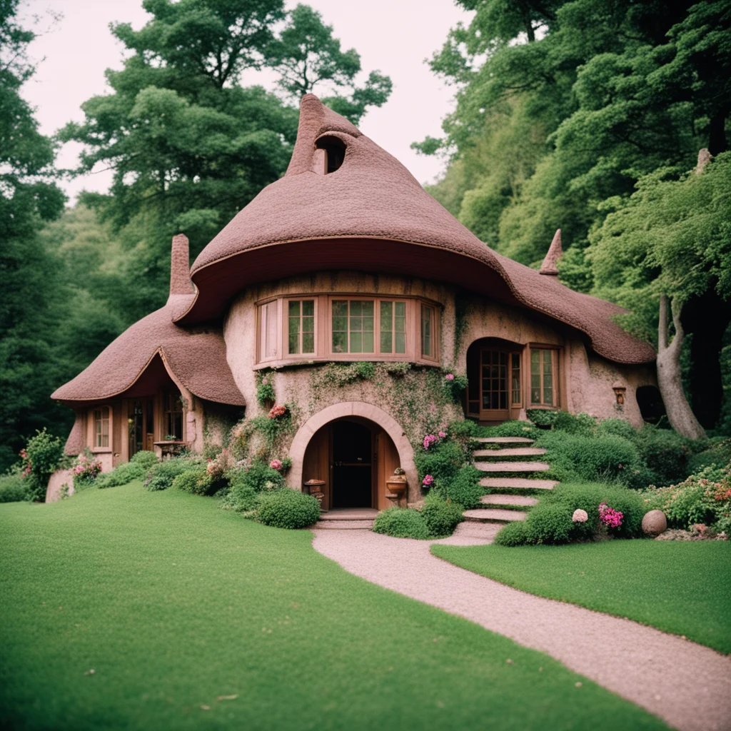 a midcentury modern hobbit house  victorian architecture  in the shire  haunted  hansel and gretel candy house 35mm phot
