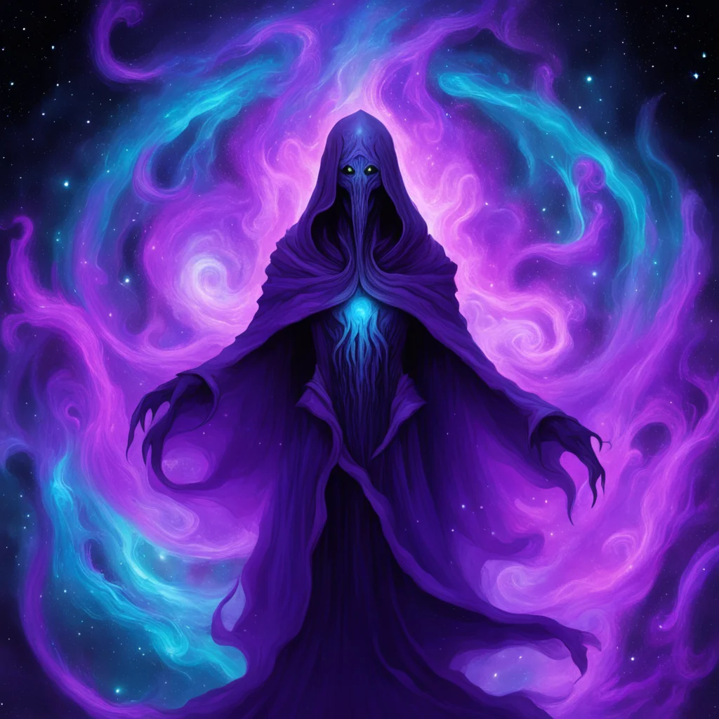 a mind flayer in a background of cosmic swirling purples and blues dark DND art