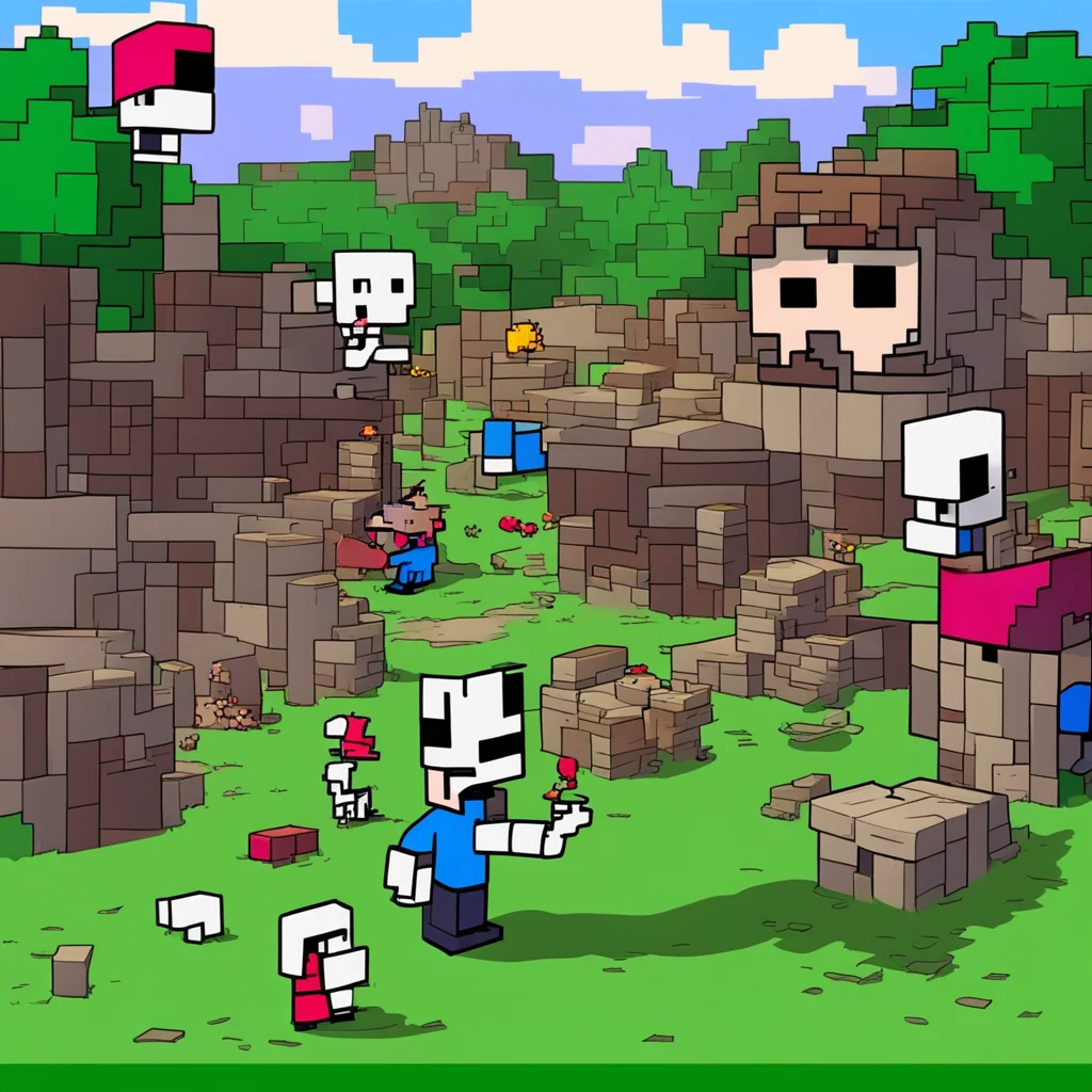a minecraft battle scene in a village SNOOPY is the big bad boss character drawn in the Peanuts style of Charles Schulz