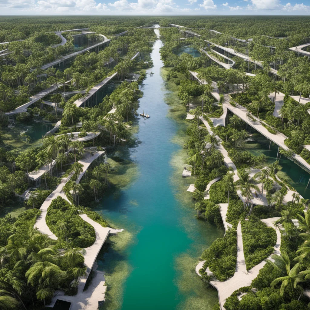 a modern canal city amongst the Florida mangroves that uses the natural roots as critical pieces of its structure