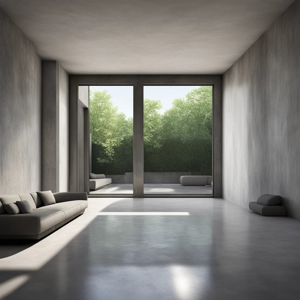 a modern living room by TADAO ANDO with window and no roof in ruins  photorealistic realistic hyper detailed hyper reali