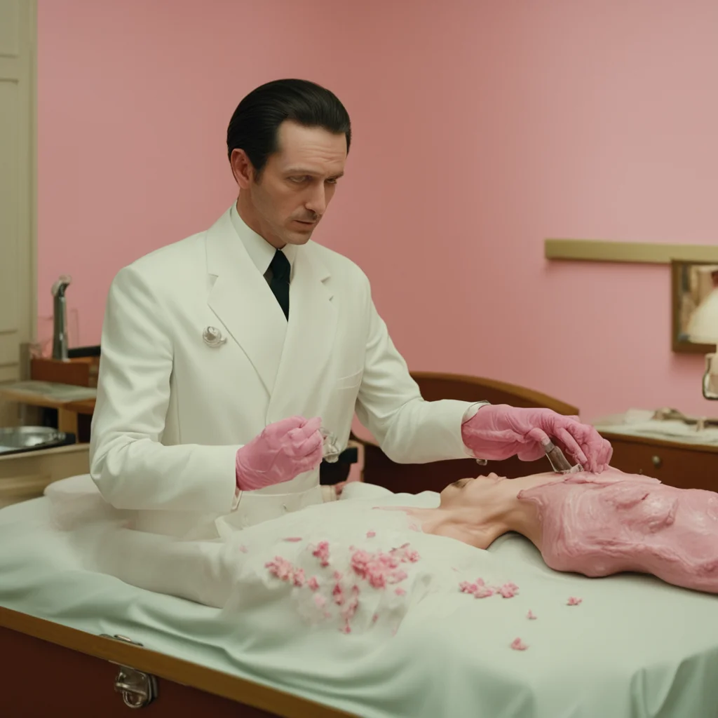 a mortician embalming a body shot from a movie in wes anderson style