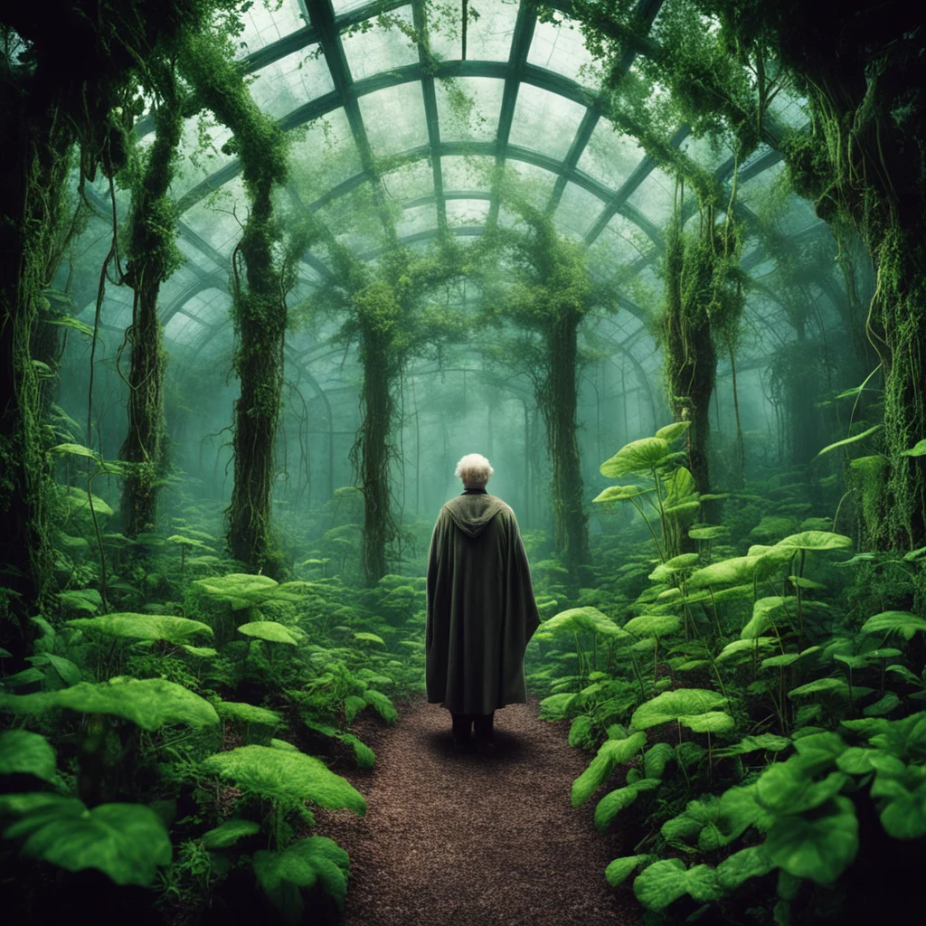 a movie poster for “Sacred Grove” Old people becoming overgrown in a greenhouse Fungus in a horror style uplight