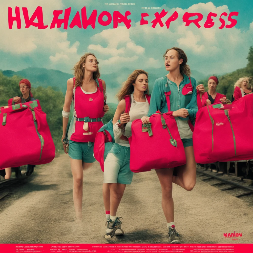 a movie poster for “the Half Moon Express” two young women carry a red sports bag filled with marajuana across Spain in 