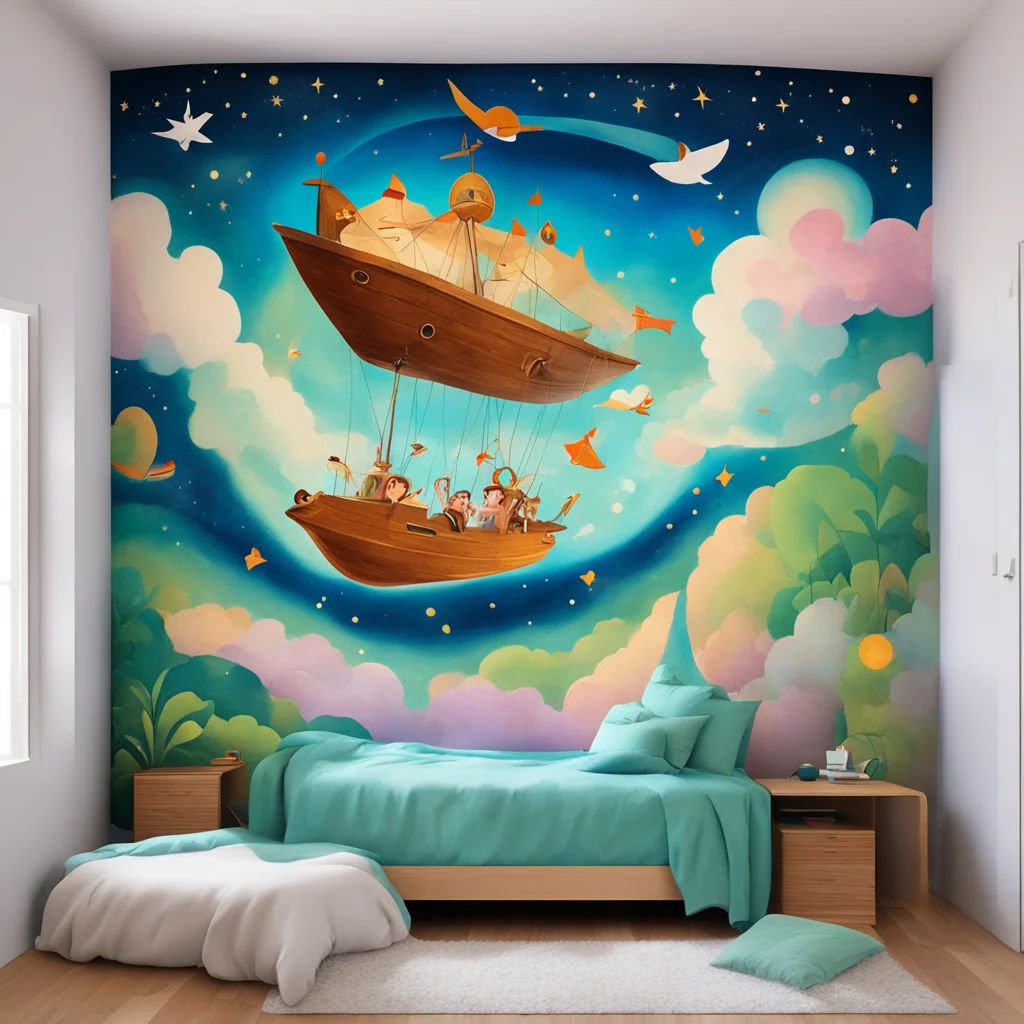 a mural in a kids bedroom showing a magical flying ship Peter pan and Wendy are flying with a whoosh of pixie dust In th